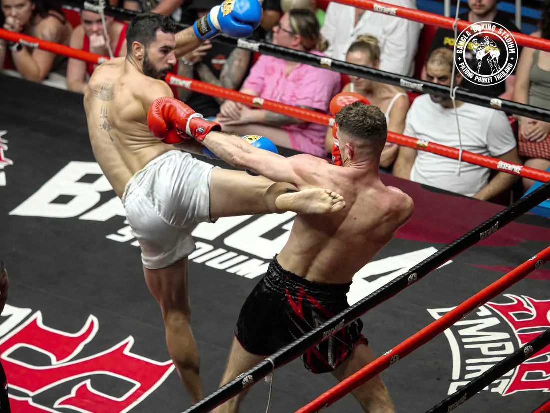 Hussein Ghaddar throwing a kick at Bangla Boxing Stadium in Patong, Thailand